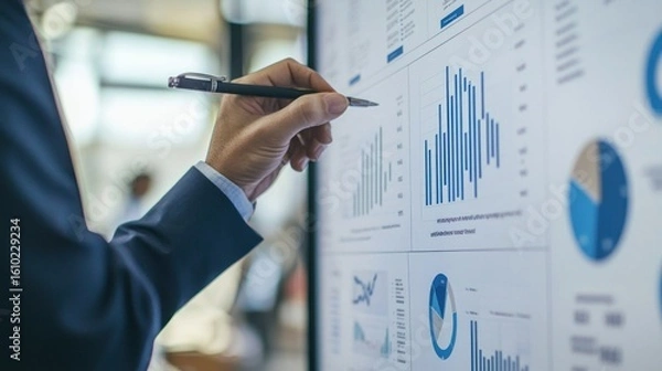 Fototapeta A business professional highlighting key points on a presentation slide labeled next steps showing how data is turned into actionable plans