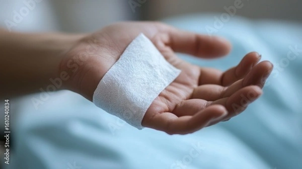 Fototapeta A close-up of a hand with a fresh white bandage after minor surgery in a hospital