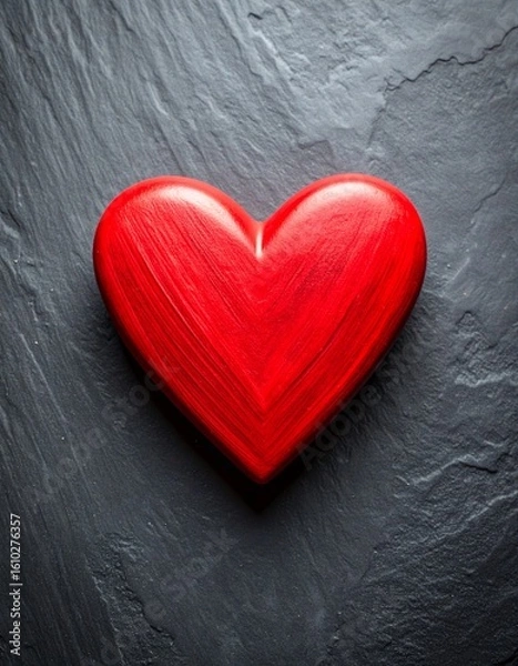 Fototapeta 鮮やかなチェリーレッドの手描き抽象ハートがテクスチャー豊かなスレートグレーの表面に描かれ、上からの柔らかな光が微かな影を繊細に演出するアートデザイン

