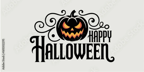 Obraz “Happy Halloween” typography with pumpkin, bats, and spider web — perfect for festive greeting cards, party invitations, or seasonal decorations.