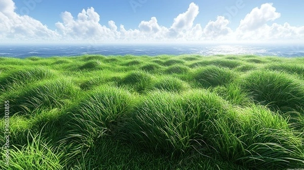 Fototapeta An expansive field of tall, swaying wild grass under a broad blue sky