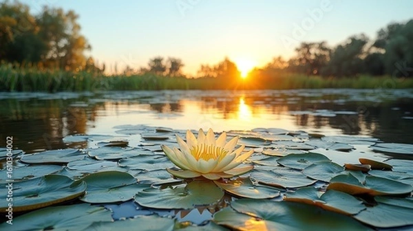 Fototapeta An expansive wetland marsh dotted with scattered water lilies and mirror-like reflections