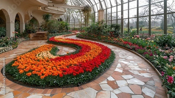 Fototapeta An indoor botanical conservatory with extensive glass walls and winding pathways