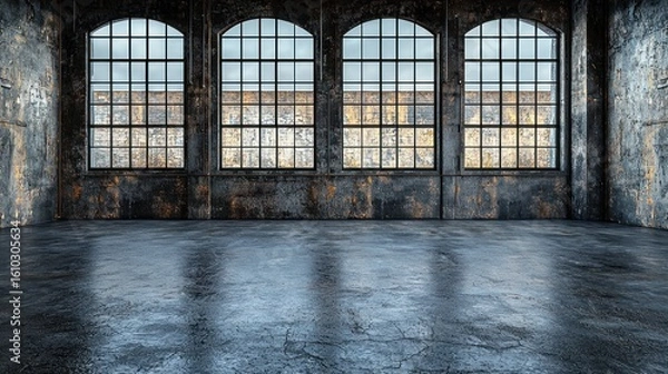 Fototapeta An industrial loft workspace with concrete floors and large