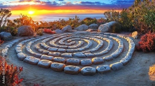 Fototapeta An intricate stone labyrinth carved into a hillside