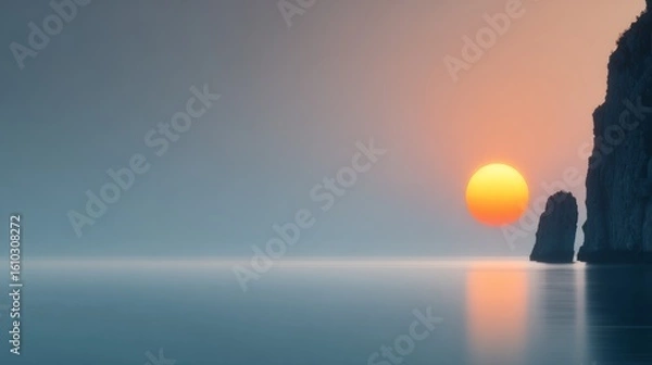 Fototapeta Sunrise Serenity Over Tranquil Waters, a calm sea illuminated by the sun's reflection, framed by two silhouetted rock formations against a minimalist backdrop.