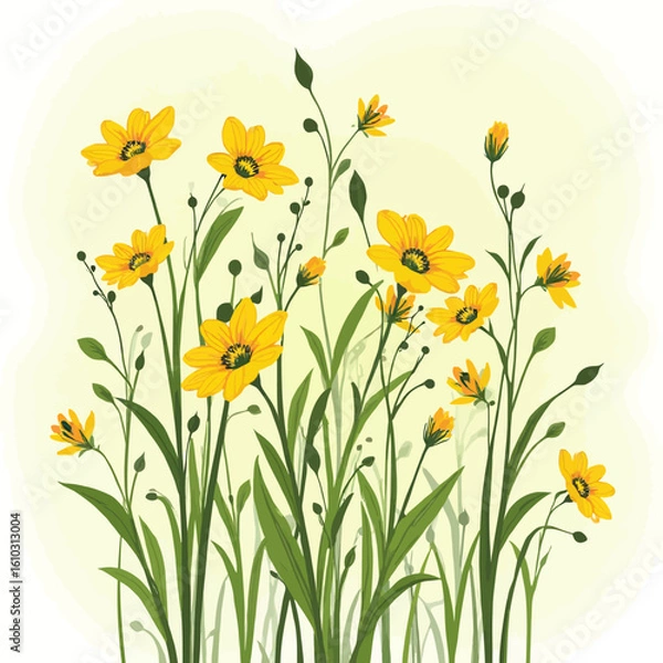 Fototapeta Illustration of bright yellow daisy-like flowers with green stems and leaves against a soft, light background.