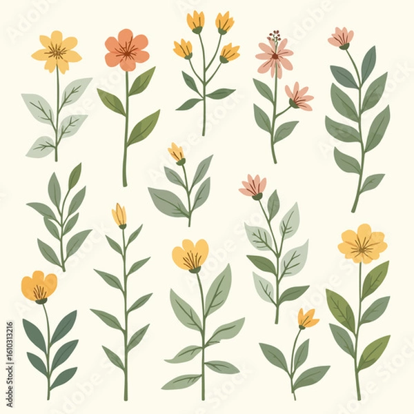 Fototapeta A collection of stylized floral illustrations featuring various flowers and leaf arrangements on a light background.