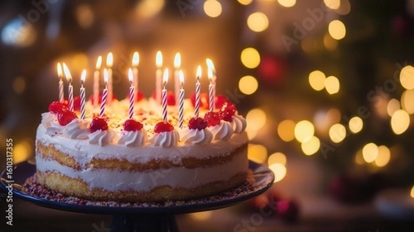 Fototapeta a dimly lit party setting, warm background blur with fairy lights, space for text, high resolution, no blur on subject