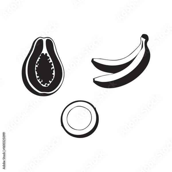 Fototapeta Black and white line art of papaya bananas and coconut for minimalist design art