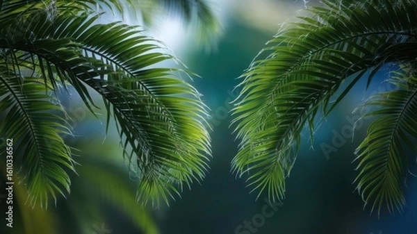 Fototapeta Lush tropical palm leaves against an abstract blurred background design