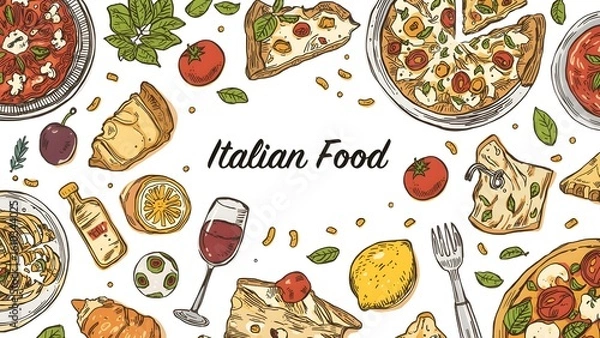 Obraz Hand drawn italian food set. Mediterranean lunch and dinner icons in doodle style. Pasta, olive, pizza, cheese, tomato, lemon, wine. Dolce vita aesthetics. Perfect for print, design menu, sticker. 
