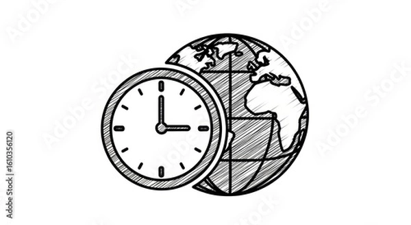 Fototapeta Clock and globe illustration represents global time and worldwide connection