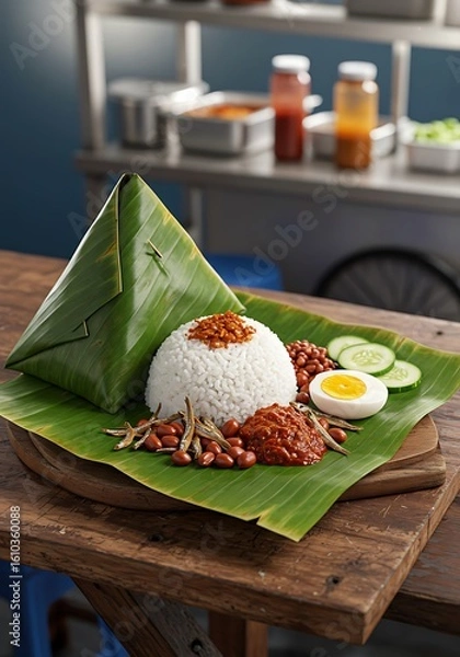 Obraz Traditional Nasi Lemak Wrapped in Banana Leaf