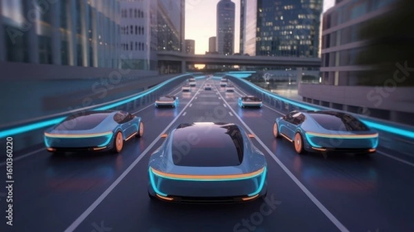 Fototapeta Futuristic concept of autonomous vehicles driving on a cityscape highway