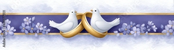 Fototapeta Two doves of peace with golden rings and delicate floral accents, signifying love and commitment. The doves are nestled within a heart-shaped arrangement. A harmonious and gentle scene.