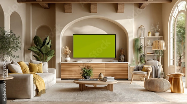 Fototapeta Serene living room interior with modern decor and a green screen television set offering versatility