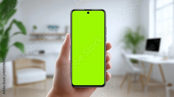Fototapeta Hand holding smartphone with green screen for content replacement in modern space, ideal for