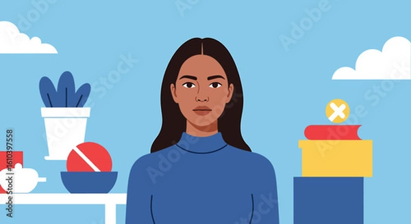 Obraz Woman portrait illustration with blue background clouds and books styled vector