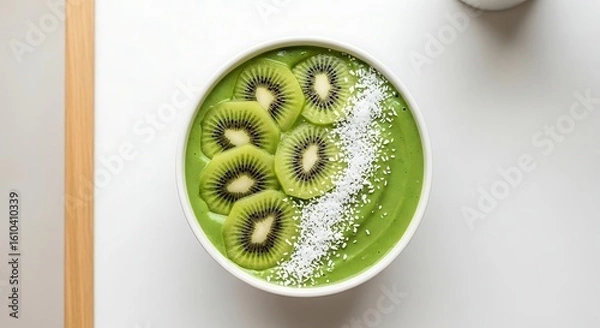 Fototapeta Matcha Smoothie Bowl with Kiwi and Coconut – Clean Eating Concept in Natural Light