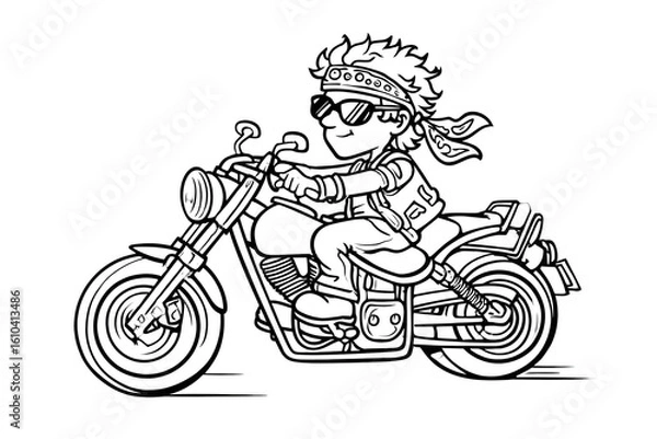 Fototapeta Line Art Cartoon Character Riding a Detailed Motorcycle Transportation Image. Ai Generated Images