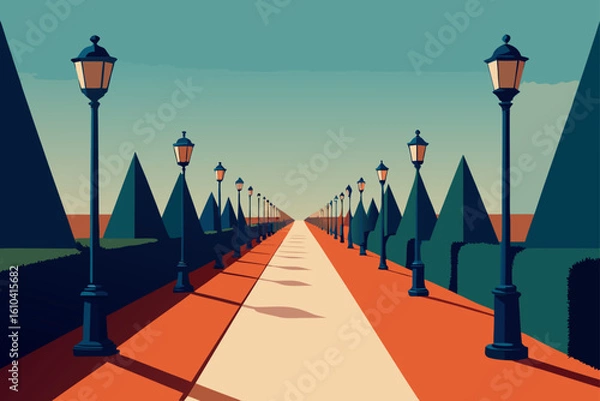 Obraz A long path lined with lampposts and geometric trees