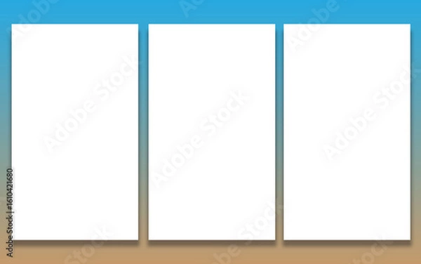Fototapeta Modern blue and beige  wireframe layout featuring three white vertical panels with bold outlines, suitable for dashboards, apps, or responsive interface mockups.