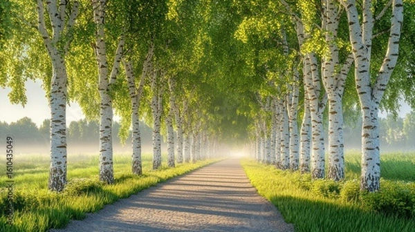 Fototapeta Trees lining a pathway through a field