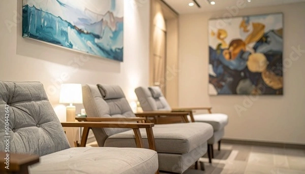 Fototapeta Premium Spa Lounge Decor with Comfortable Chairs, Serene Painting, and Elegant Tranquil Ambience for Wellness Retreat
