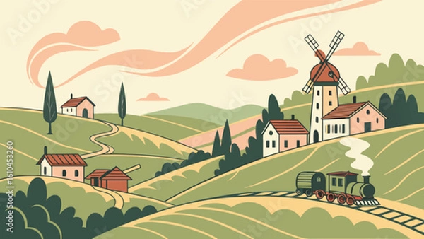 Obraz Vintage countryside landscape with train, windmill and houses vector illustration design for graphic design