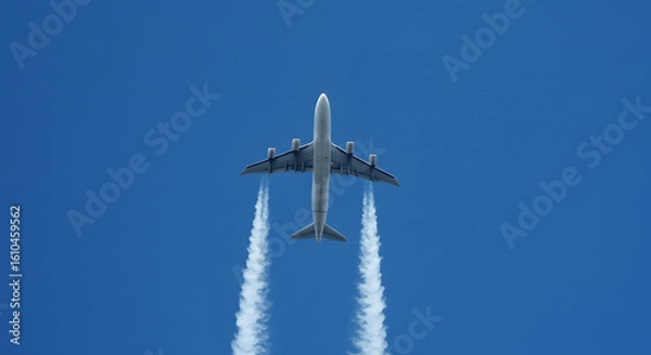 Fototapeta Airplane Flying Overhead with Contrails Against Blue Sky