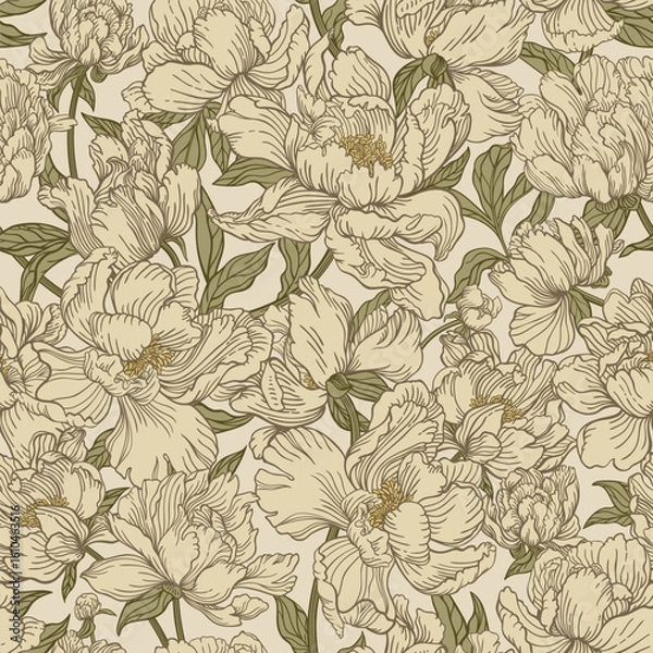 Obraz Seamless pattern with peony flowers. Beige and gold colors.