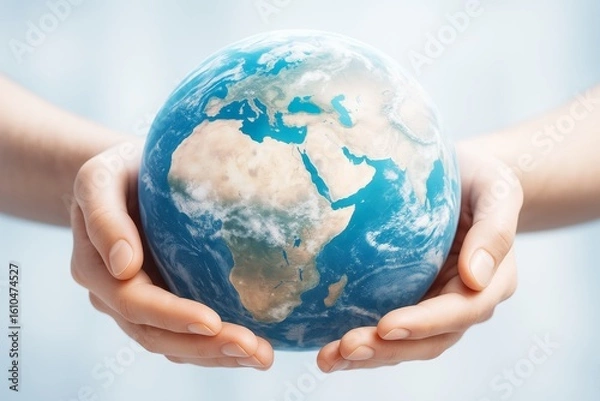 Fototapeta Hands gently holding a detailed Earth globe showing Africa and Europe on a bright light blue background, symbolizing global care and travel concept.