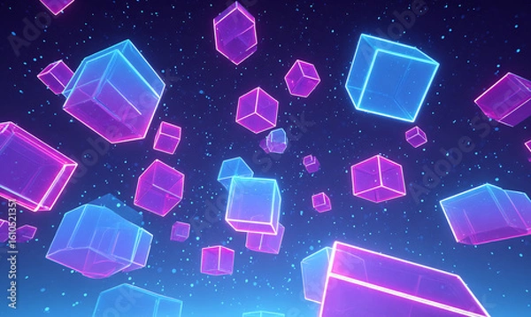 Obraz neon geometric cubes and triangles in space
