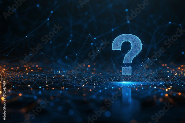 Fototapeta Abstract technology background with digital wireless network concept and blue question mark on the screen, with connection lines in dark color ,Vintage wallpaper