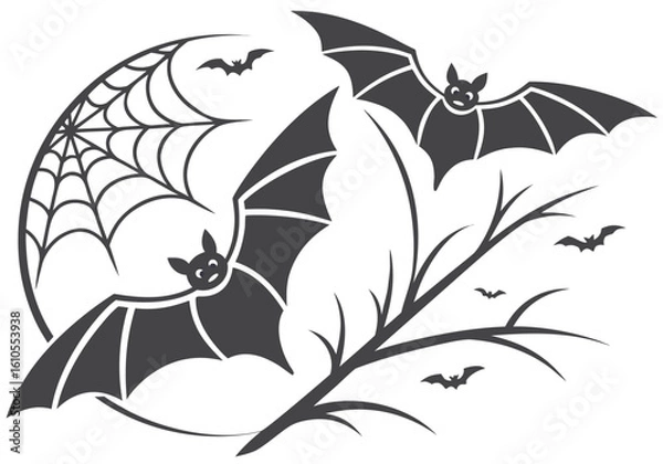 Fototapeta Vector Halloween background with bats, spider web, moon, and bare tree branches