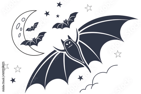 Fototapeta Vector Halloween background with bats flying at night, stars, clouds, and moon