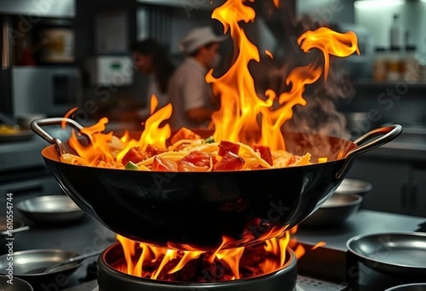 Fototapeta Chef flambés food in large wok, fiery flames, busy kitchen,  heat,   asian