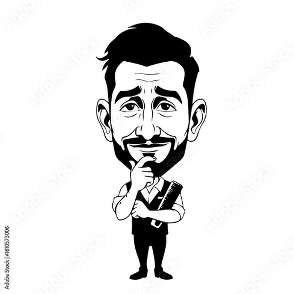 Fototapeta A pensive caricature of a man, possibly a businessman, thoughtfully holding a briefcase.