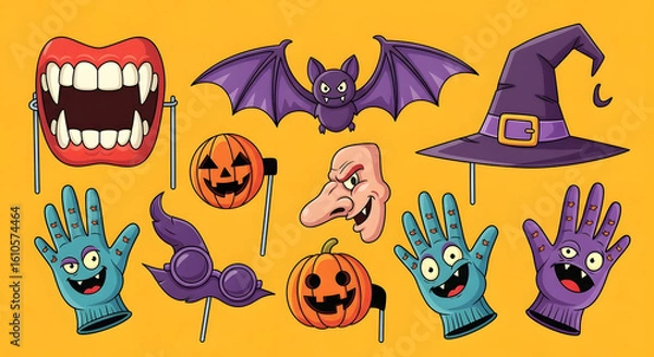 Obraz A colorful illustrated set of Halloween party accessories and props. A fun assortment of spooky items for a festive photo booth celebration.