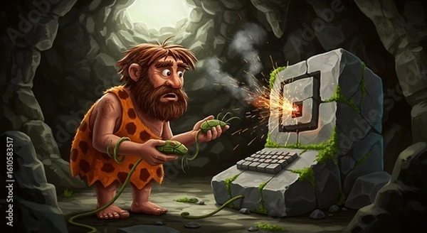 Obraz A prehistoric programmer's humorous frustration as his primitive stone age caveman computer sparks and fails in a dark, rocky cavern.