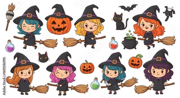 Fototapeta Whimsical Halloween character set featuring cute witches, pumpkins, and black cats. A delightful collection of magical illustrations.