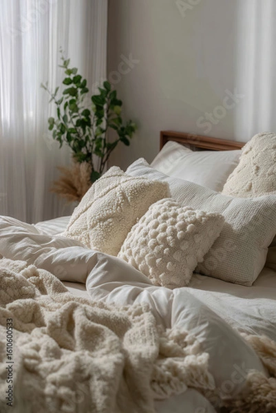 Fototapeta cozy bedroom setup featuring comfortable bed with fluffy cushions and soft bedding for healthy sleep