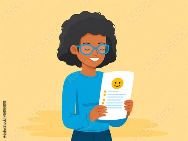 Fototapeta woman smiling reading feedback report customer feedback