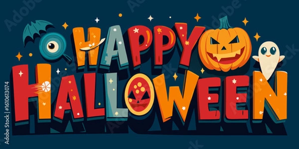 Fototapeta Colorful cartoon Happy Halloween vector text with pumpkin, ghost, and bat