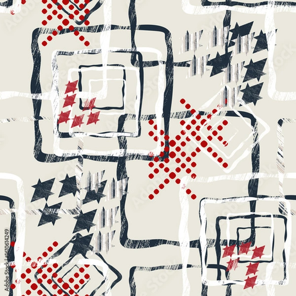 Fototapeta Seamless modern abstract pattern. Black, red figures on cream background.