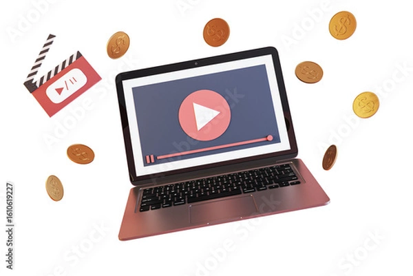 Fototapeta Laptop with play button on screen, clapperboard and floating coins in 3D Rendering style, isolated on white background, concept of video earnings