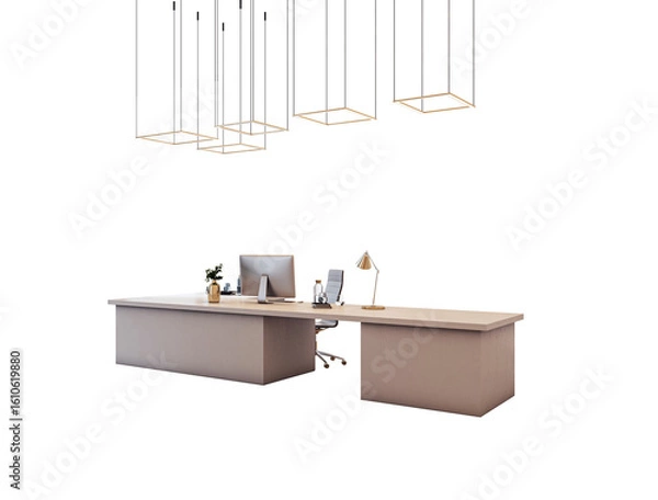 Fototapeta Minimalist office desk setup with chair, desktop monitor, lamp, and plant, modern lighting above, isolated on white background. 3D Rendering