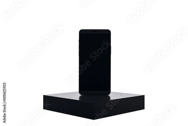 Fototapeta Black smartphone front view displayed on a black pedestal, isolated on white background. 3D Rendering of modern tech for product branding concept