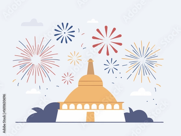 Fototapeta Celebration at a Buddhist Temple with Fireworks and Clouds in a Stylized Vector Illustration vector illustration